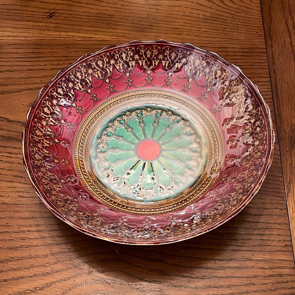 Mehendi Gold Purple Aqua Scroll Medallion‎ Painted Glass Bowl